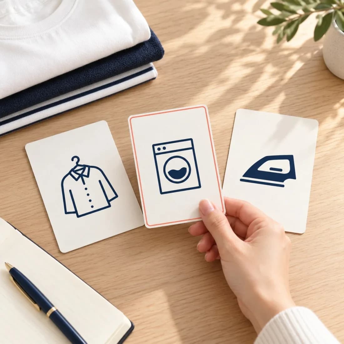Une main choisit l’une de trois cartes posées sur une table : entretien sur cintre, lavage en machine et repassage, à côté de linge plié et d’un carnet